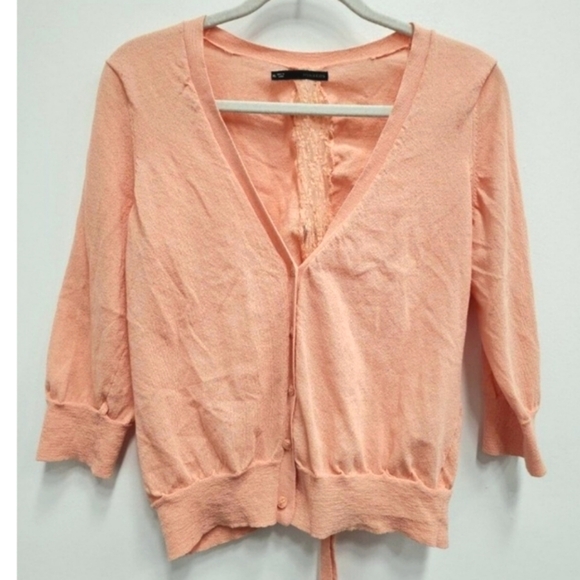 Maurices Sweaters - Maurices Cardigan Sweater 3/4 Sleeve V-Neck Womens Sz L XL Coral Lace Back Tie